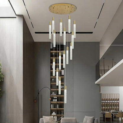 16 Lights Modern High Ceiling Crystal Chandelier, Gold Bubble Light Adjustable Height LED Chandeliers Ceiling Pendant Light Fixture for Living Room, Entryway, Staircase