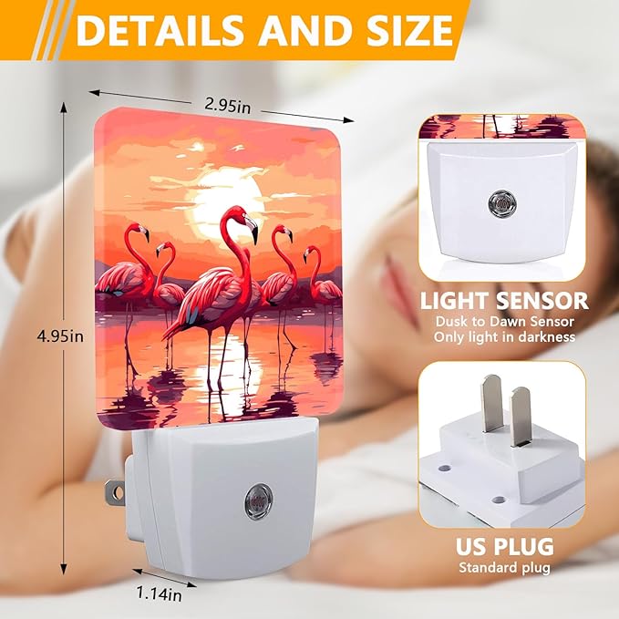 Pink Flamingo Night Light, Plug-into Sunset Nightlight White LED Lamp, Energy Efficient Decor Desk Lamp for Bedroom Hallway Stairs Bathroom