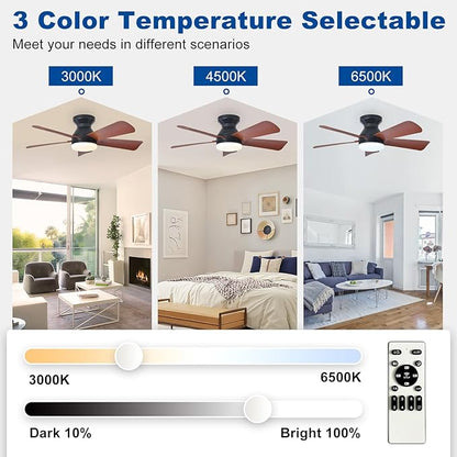 35-Inch Ceiling Fans with Lights: Walnut Low Profile Ceiling Fan with Light and Remote Control - Reversible Flush Mount Fans - 3CCT Dimmable Small Ceiling Fan for Bedroom Indoor/Outdoor Use