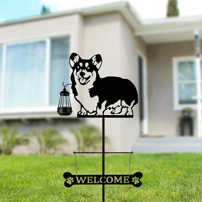 ANGELLOONG 51" Solar Corgi Silhouette Dog Welcome Sign with Lantern, Outdoor Decorative Corgi Gifts for Garden Yard Lawn Patio Pathway