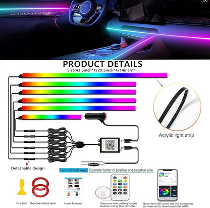 Acrylic Interior Car LED Strip Light with APP Remote Control, 175in 6 in 1 RGB Dreamcolor Neon Flexible Strip Fiber Optic LED Ambient Lighting Kits,RGB Music Lights Sync for Inside car Decorations
