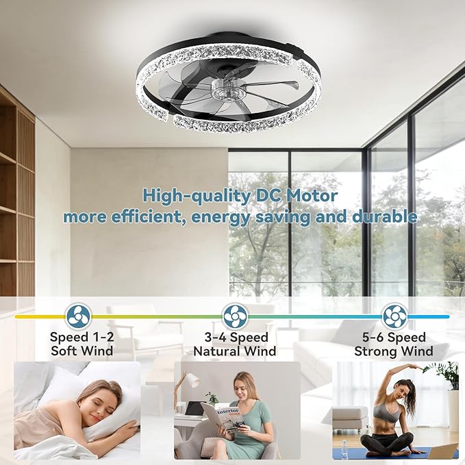 AIKVSXER Ceiling Fans with Lights,20 Inch Low Profile Fandelier with APP Control, Ultra Quiet,3CCT and 6 Wind Speeds for Bedroom, Living Room Modern Flush Mount Fan Light (Black, 20inch-Crystal Fold)