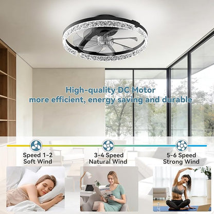 AIKVSXER Ceiling Fans with Lights,20 Inch Low Profile Fandelier with APP Control, Ultra Quiet,3CCT and 6 Wind Speeds for Bedroom, Living Room Modern Flush Mount Fan Light (Black, 20inch-Crystal Fold)