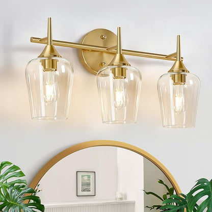 MOKATNG 3-Light Bathroom Light Fixtures, 19.5 Inch Brushed Gold Vanity Lights with Wine-Glass Shape, Bathroom Lights Over Mirror, Modern Wall Lamps for Bedroom Living Room Hallway