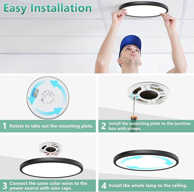 Brightever Black 6 Pack LED Ceiling Light Flush Mount, 12 Inch 24W, 3200LM Close to Ceiling Light Fixtures, 5000K Daylight White 0.67 Inch Thickness LED Ceiling Lamp for Kitchen, Office, Non-Dimmable