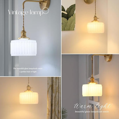 Shenmoyl Vintage Wall Sconce with White Striped Shade Pattern Glass Adjustable Chain Retro Gold Wall Mounted Light, Modern Wall Lamp Fixtures Decor for Bedside Bedroom Indoor Doorway