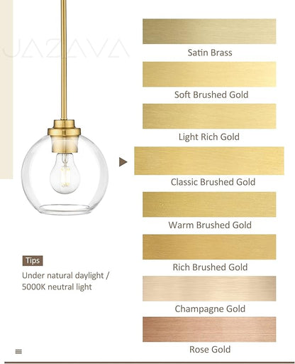 Modern Polished Gold Pendant Light, 7Inch Mid Cenrury Globe Hanging Light Fixture with Clear Glass for Kitchen Island Dining Room Bedroom Hallway Foyer (1 Pack), PL101BG