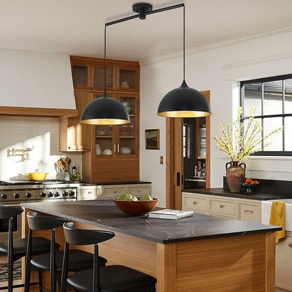 Pendant Lights Kitchen Island, 2-Pack Dome Pendant Light Black and Gold Light Fixtures Industrial Vintage Hanging Pendant Lighting for Farmhouse Dining Room Restaurant Cafe Entryway