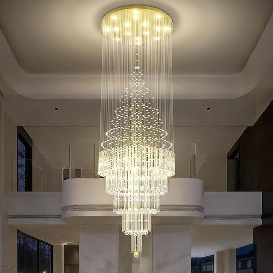 Flashing God 40''X120 High Ceiling Chandelier Crystal Raindrop Gold Chandeliers Staircase Large Chandelier Villa Entrance Foyer Pendant Light Foyer High Ceiling Light 15 GU10 Bulb Dimming