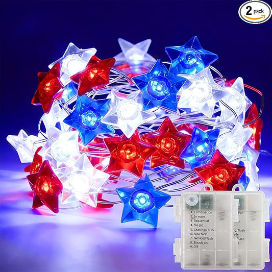 WATERGLIDE 2 Pack 4th of July String Lights, 16FT 50LED Red White and Blue Patriotic Star Lights, Battery Operated with 8 Modes & Timer, Waterproof Indoor Outdoor for Memorial Day Independence Day