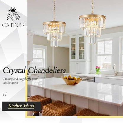 CATINER Gold Crystal Chandeliers 16" Modern 6-Light Small Pendant Light Luxury 3 Tiers K9 Crystal Ceiling Pendant Round Light Fixture for Dining Room Entryway Kitchen Bedroom Closet