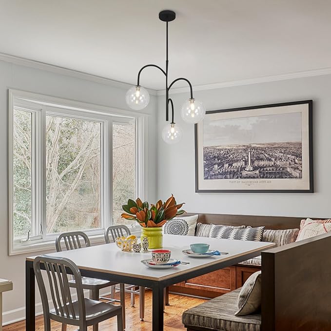 3-Light Clear Glass Globe Chandelier Farmhouse Black Pendant Lights Kitchen Island Light Modern Dining Room Chandelier Mid Century Sputnik Ceiling Light Fixture