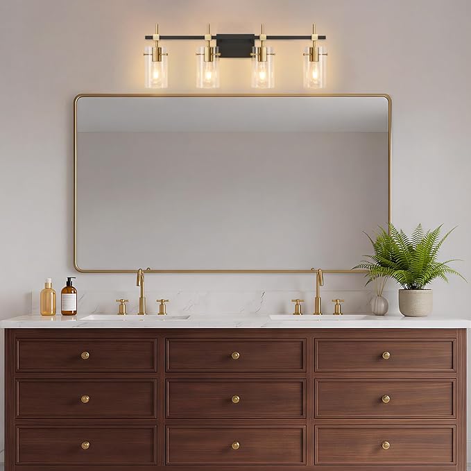 SOLFART Farmhouse Brass Bathroom Vanity Lights fixtures Over Mirror Vintage Bathroom Lighting Wall Sconce with Glass Shade 4 Lights