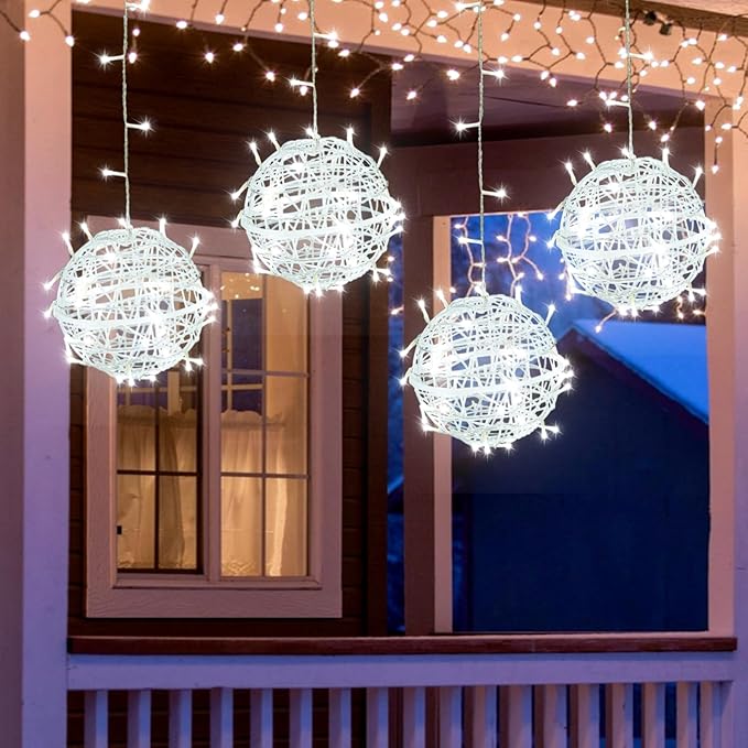 SenLuKit Outdoor Christmas Balls 4 Pack Hanging 11.8" LED Garden Sphere Tree Lights 8 Modes Waterproof String with Memory Timer Plug for Party Yard Porch Eave Patio Home Decoration-Cool White