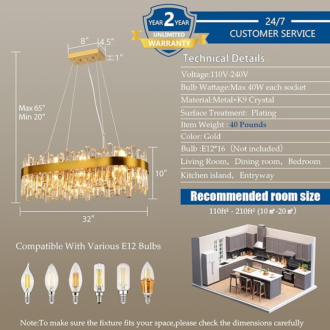 Weesalife Gold Crystal Chandeliers for Dining Room Lights Fixtures Over Table, 16 Lights Modern Rectangle 2-Tier Chandeliers for Kitchen Island Bar L32 Inch
