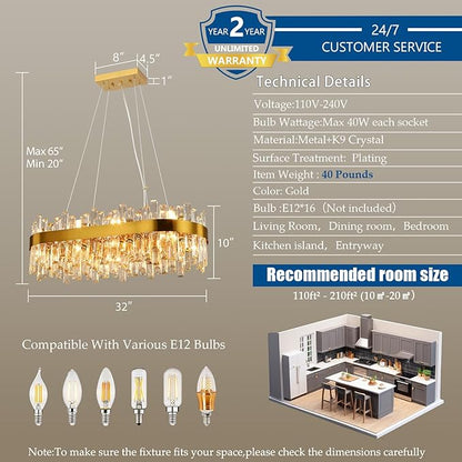 Weesalife Gold Crystal Chandeliers for Dining Room Lights Fixtures Over Table, 16 Lights Modern Rectangle 2-Tier Chandeliers for Kitchen Island Bar L32 Inch