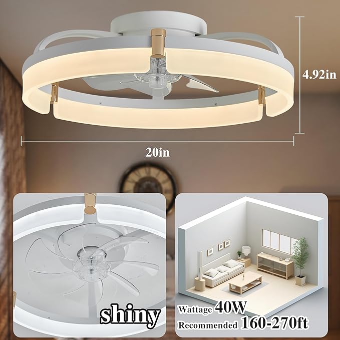 Ceiling Fans with Lights and Remote Fandelier - White 20'' Flush Mount Low Profile Modern Ceiling Fans for Bedroom - Stepless Color Temperature and 6 Speeds, White