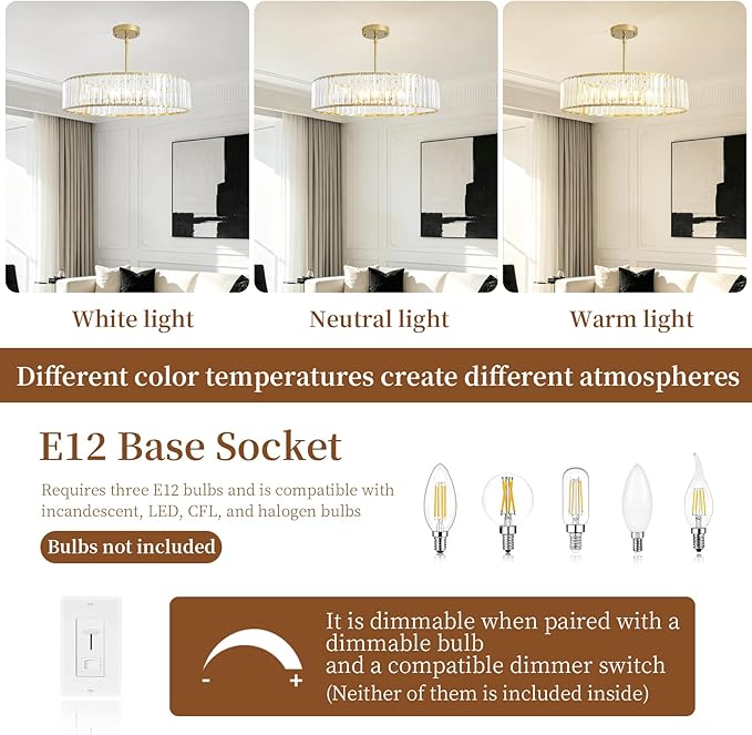 5-Light Gold Crystal Chandelier for Dining Room, Modern Semi Flush Mount Chandelier Lighting Fixtures, Round Kitchen Hanging Drum Pendant Lights Ceiling for Living Room Bedroom Entryway Foyer， 20 Inch
