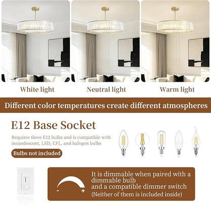 5-Light Gold Crystal Chandelier for Dining Room, Modern Semi Flush Mount Chandelier Lighting Fixtures, Round Kitchen Hanging Drum Pendant Lights Ceiling for Living Room Bedroom Entryway Foyer， 20 Inch