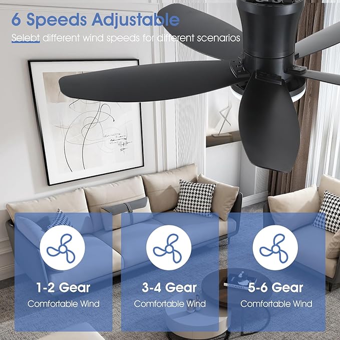 Surtime Flush Mount RGB Ceiling Fans with Lights-36 Low Profile Ceiling Fan with Light and Remote/APP Control,DC Reversible,LED Dimmable Blakc Ceiling Fans for Bedroom,Indoor/Outdoor Patio Use