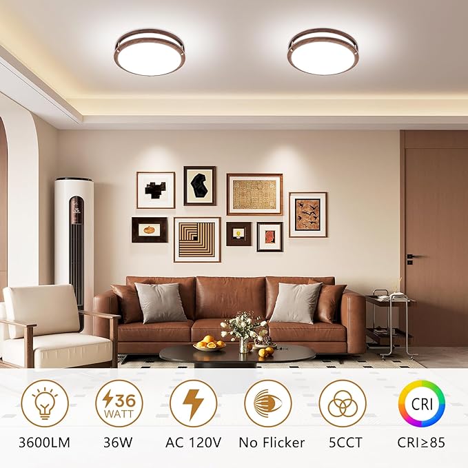 Flush Mount Ceiling Light - 2 Pack 36W 3000K/3500K/4000K/5000K/6000K Dimmable Led Ceiling Light Fixture for Kitchen Hallway Bedroom Bathroom (2, Nussbaum, 12 Inch)