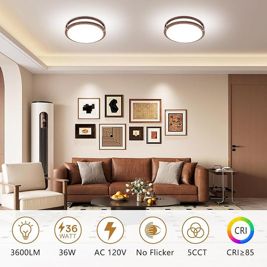 Flush Mount Ceiling Light - 2 Pack 36W 3000K/3500K/4000K/5000K/6000K Dimmable Led Ceiling Light Fixture for Kitchen Hallway Bedroom Bathroom (2, Nussbaum, 12 Inch)