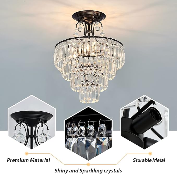 CVKASH 5 -Lights Crystal Round Chandelier Antique Modern Black Semi Flush Mount Ceiling Light Fixture Ceiling Lighting for Living Room Dining Room Bedroom Entryway Foyer Bathroom with E12