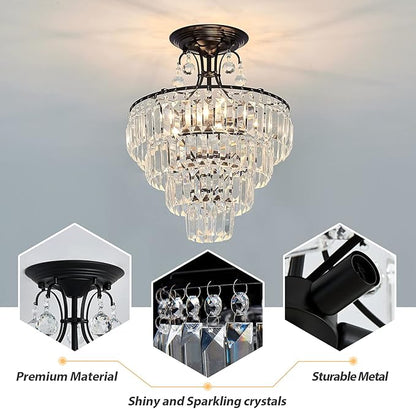 CVKASH 5 -Lights Crystal Round Chandelier Antique Modern Black Semi Flush Mount Ceiling Light Fixture Ceiling Lighting for Living Room Dining Room Bedroom Entryway Foyer Bathroom with E12