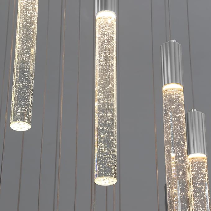 Bubble Crystal Column Chandelier, 4-Light Rectangular Chorme Crystal Chandelier, Dimmable Adjustable Height Luxury Pendant Light for Kitchen Island, Dining Room, Living Room