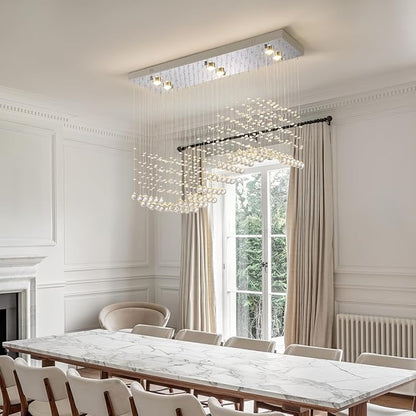 Modern Silver Crystal Raindrop Chandelier: 31.5" Rectangle Dimmable Lighting with Remote - Contemporary Chrome Wave Ceiling Light for Kitchen Dining Room Living Room Staircase Foyer Entryway Bedroom