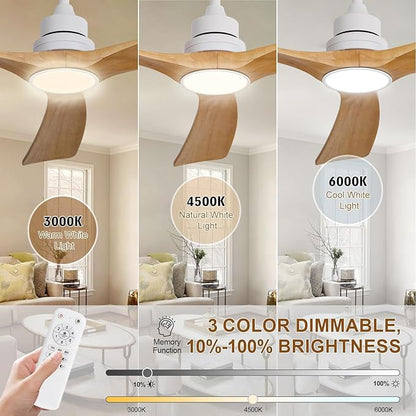 Ceiling Fan with Light 60 inch,Remote Control,Wall Switch,Solid Wood Blades,Dimmable,Reversible Quiet DC Motor,Power Off Memory Modern White Ceiling Fan for Bedroom Patio Indoor/Outdoor Use