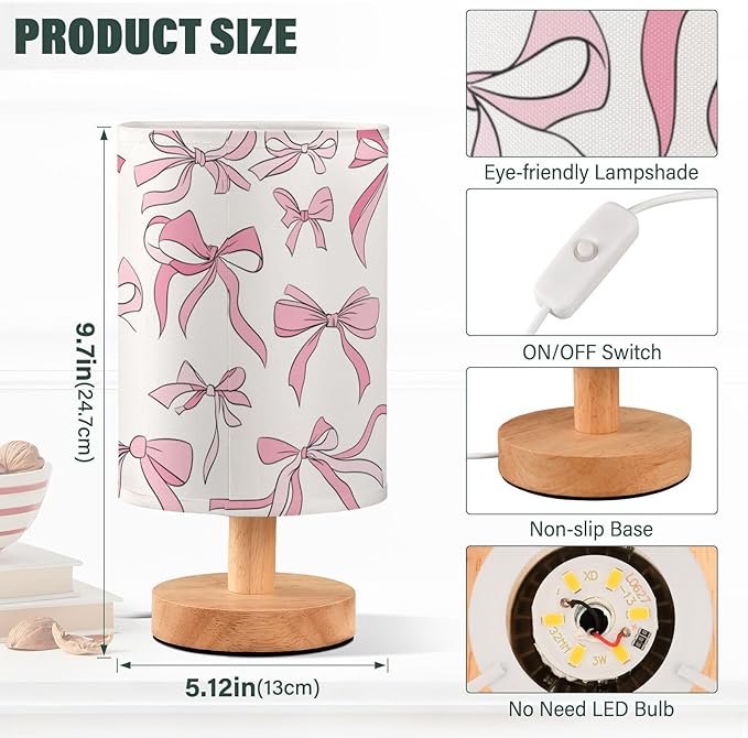 Bedside Table Lamp Pink Bow Nightstand Lamp with Wood Desk Lamps for Bedroom Living Room Nursery Office Home Decor