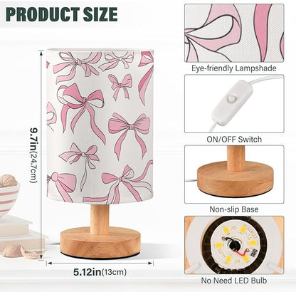 Bedside Table Lamp Pink Bow Nightstand Lamp with Wood Desk Lamps for Bedroom Living Room Nursery Office Home Decor
