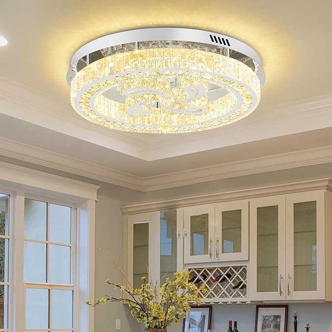 24'' Silver Modern Crystal Chandelier LED Dimmable Flush Mount Crystal Ceiling Light for Living Room Bedroom Dining Room