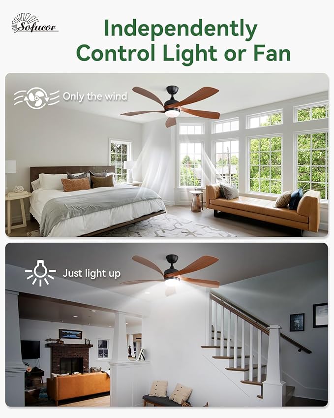Sofucor 52" Smart Ceiling Fan, Indoor/Outdoor Ceiling Fans with Lights and Remote, Compatible with Alexa/Google/App, 3-Color Light 6-Speed Timing Reversible DC Motor for Bedroom Living Room Patio