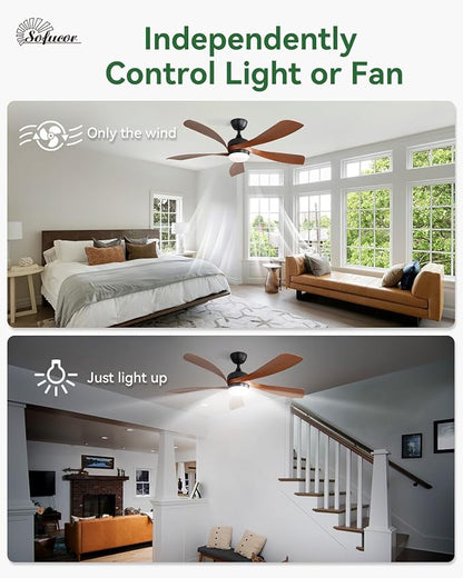 Sofucor 52 Inch Ceiling Fans with Lights and Remote, Outdoor Ceiling Fan with Light 6-Speed 3 CCT 3-Timer, Low Profile Ceiling Fan 5 Blade Reversible DC Motor for Living Room Bedroom Patio