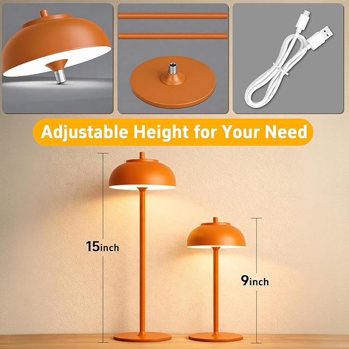 Orange Table Lamp Set of 2 Rechargeable,Table Lights Battery Operated-IP65 Waterproof-for Outdoor Patio/Restaurants/Home/Dinner/Table Lighting-Touch Control & Dimmable