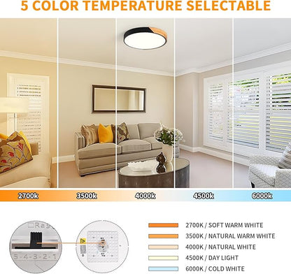 Modern Dimmable Black LED Ceiling Light, 2700 K - 6000 K 5CCT Wood Flush Mount Ceiling Lighting Fixtures, Minimalist Round Ceiling Lamp for Living Room Bedroom Kitchen Hallway（15.8in）