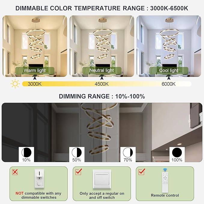 Benkut 5-Rings Modern LED Chandelier Gold High Ceiling Chandelier with Remote Control Dimmable Pendant Lighting for Dining Room Foyer Living Room Entryway Staircase(3000K-6500K, D23.6in)