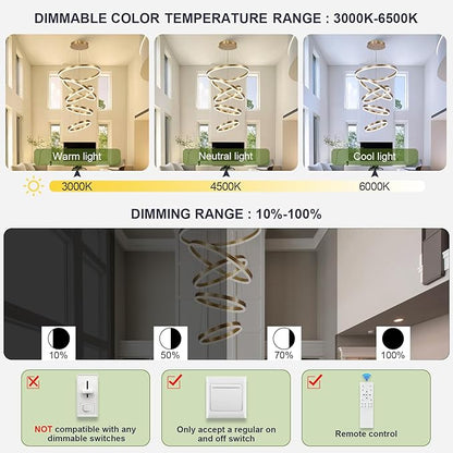 Benkut 5-Rings Modern LED Chandelier Gold High Ceiling Chandelier with Remote Control Dimmable Pendant Lighting for Dining Room Foyer Living Room Entryway Staircase(3000K-6500K, D23.6in)