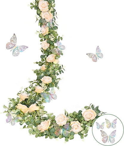Yastouay 6.4 Ft Fuller Flower Garland with 3D Butterfly, Artificial Eucalyptus Garland with Champagne Flowers Fake Rose Vine for Table Centerpiece Wedding Baby Shower Party Room Backdrop Decor
