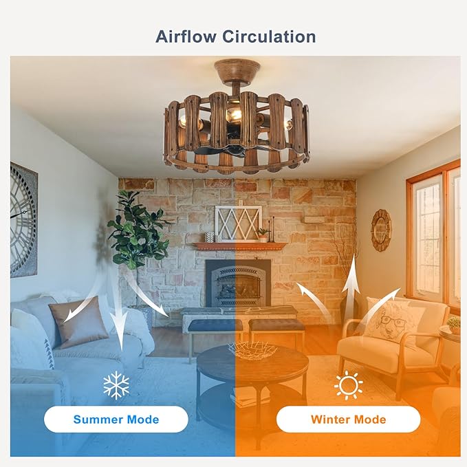 Garwarm 18in Caged Ceiling Fan with Light, Chandelier Farmhouse Ceiling Fans with Lights and Remote,Bladeless Rustic Fandelier Ceiling Fan for Kitchen, Bedroom（6 Speed, Timing）-Rustic Wood