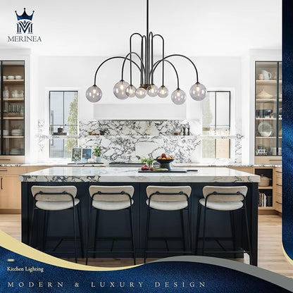 8 Lights Modern Sputnik Chandelier Large Luxury L41” Black Mid Century Smoke Glass Globe Ceiling Pendant Lighting Contemporary for Foyer Staircase Living Dining Room Kitchen