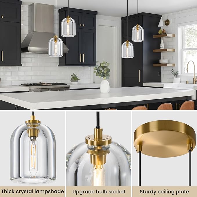 2 Head K9 Crystal Pendant Light with Brass Rod,5.1" Dimmable Contemporary Cylinder Light Above Dining Table,Modern Ceiling Hanging Lighting for Bedroom E12 Bulbs Included