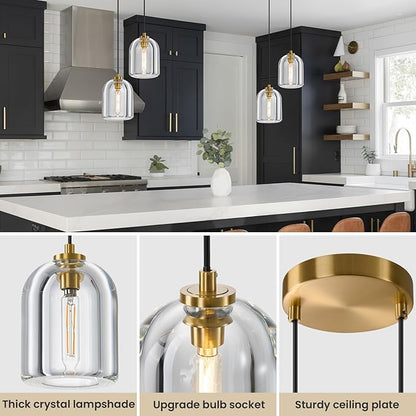 2 Head K9 Crystal Pendant Light with Brass Rod,5.1" Dimmable Contemporary Cylinder Light Above Dining Table,Modern Ceiling Hanging Lighting for Bedroom E12 Bulbs Included