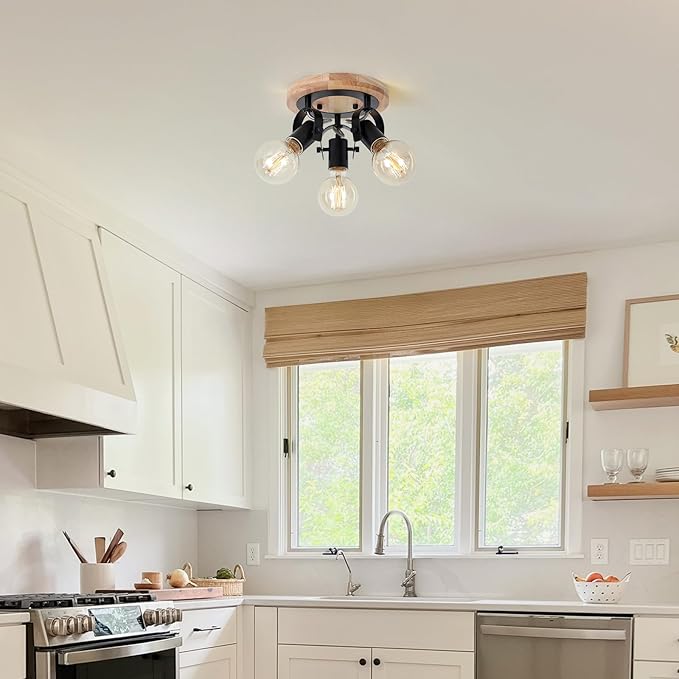 3-Light Round Flush Mount Ceiling Light，Rustic Ceiling Track Lighting with Wooden Base, Adjustable Multi-Directional Kitchen Light fixtures for Dining Room Hallway Entryway Bedroom.