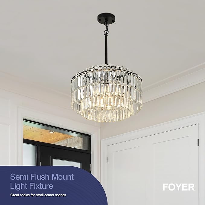 Modern 17.6“ Black Crystal Chandelier Ceiling Light Fixtures for Dining Room Luxury Glam 8-Light Crystal Chandeliers Lighting for Bedroom Entryway Hallway Living Room Kitchen Island Foyer