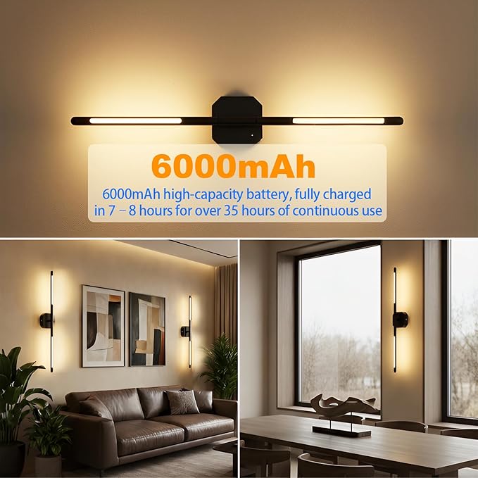 Rechargeable Wall Sconce Set of 2, 35Hrs+ Battery Operated Wall Lights, Wireless Wall Sconce with Remote, 360° Rotatable, Dimmable 3 Color LED Cordless Wall Sconce for Bedroom, Living Room, 27inBlack