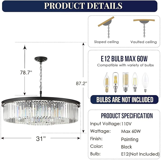 Large Crystal Chandelier Black Chandeliers Luxury Pendant Lights Fixture for Dining Living Room 12-Lights 3-Tier Raindrop Chandeliers Lighting (Black, Dia 31 Inch)