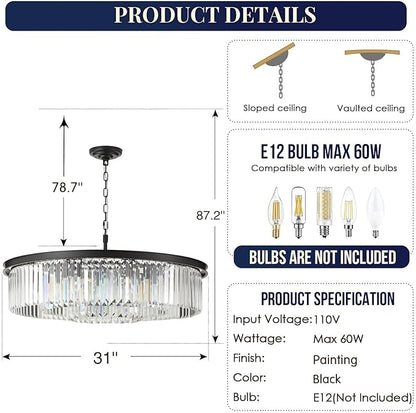 Large Crystal Chandelier Black Chandeliers Luxury Pendant Lights Fixture for Dining Living Room 12-Lights 3-Tier Raindrop Chandeliers Lighting (Black, Dia 31 Inch)